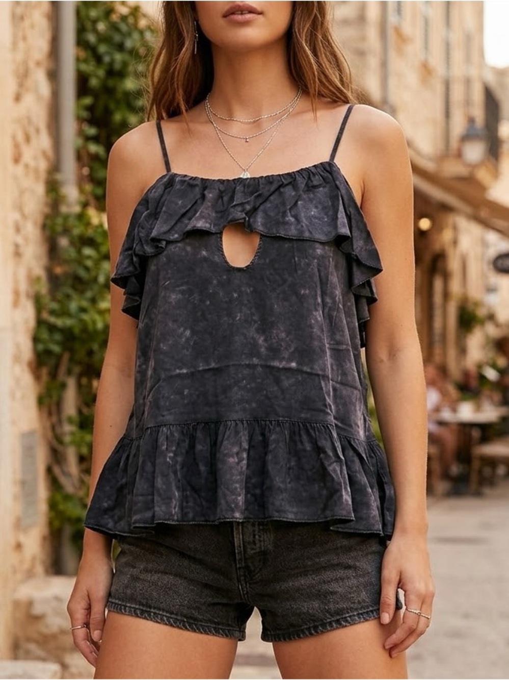 Chaser Crystal Wash Ruffle Peplum Tank Top Black Gray Keyhole M NWT